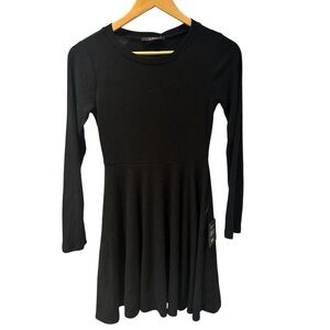 Lulus Fit and Fair Black Ribbed Knit Long Sleeve‎ Skater Dress NWT Size Small
